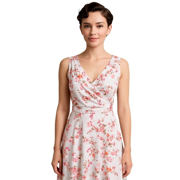 Kaileigh Dresses & Skirts - Kaileigh White Pink Floral Faux Wrap Sleeveless A-Line Midi Jersey Dress Size S